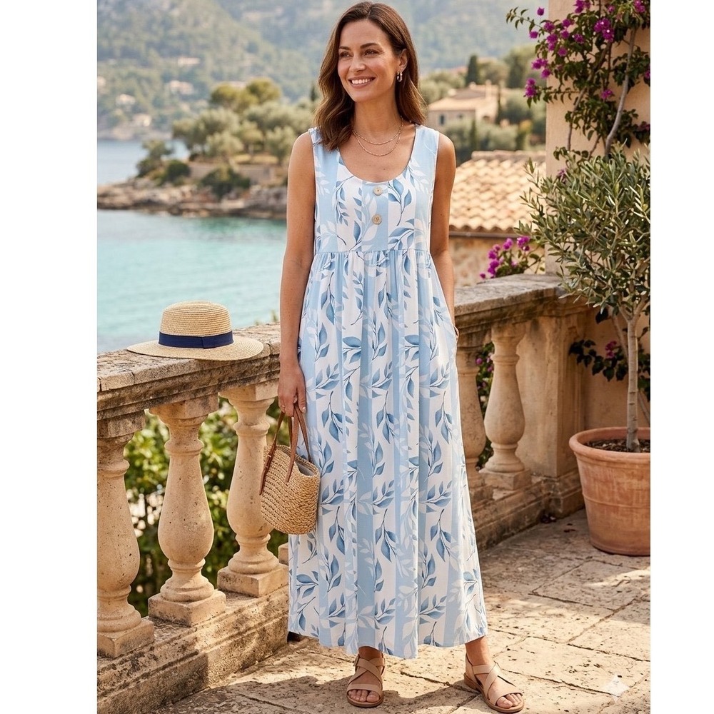JustFashionNow Blue White Striped Leaf Print Maxi Dress Jersey Sleeveless M